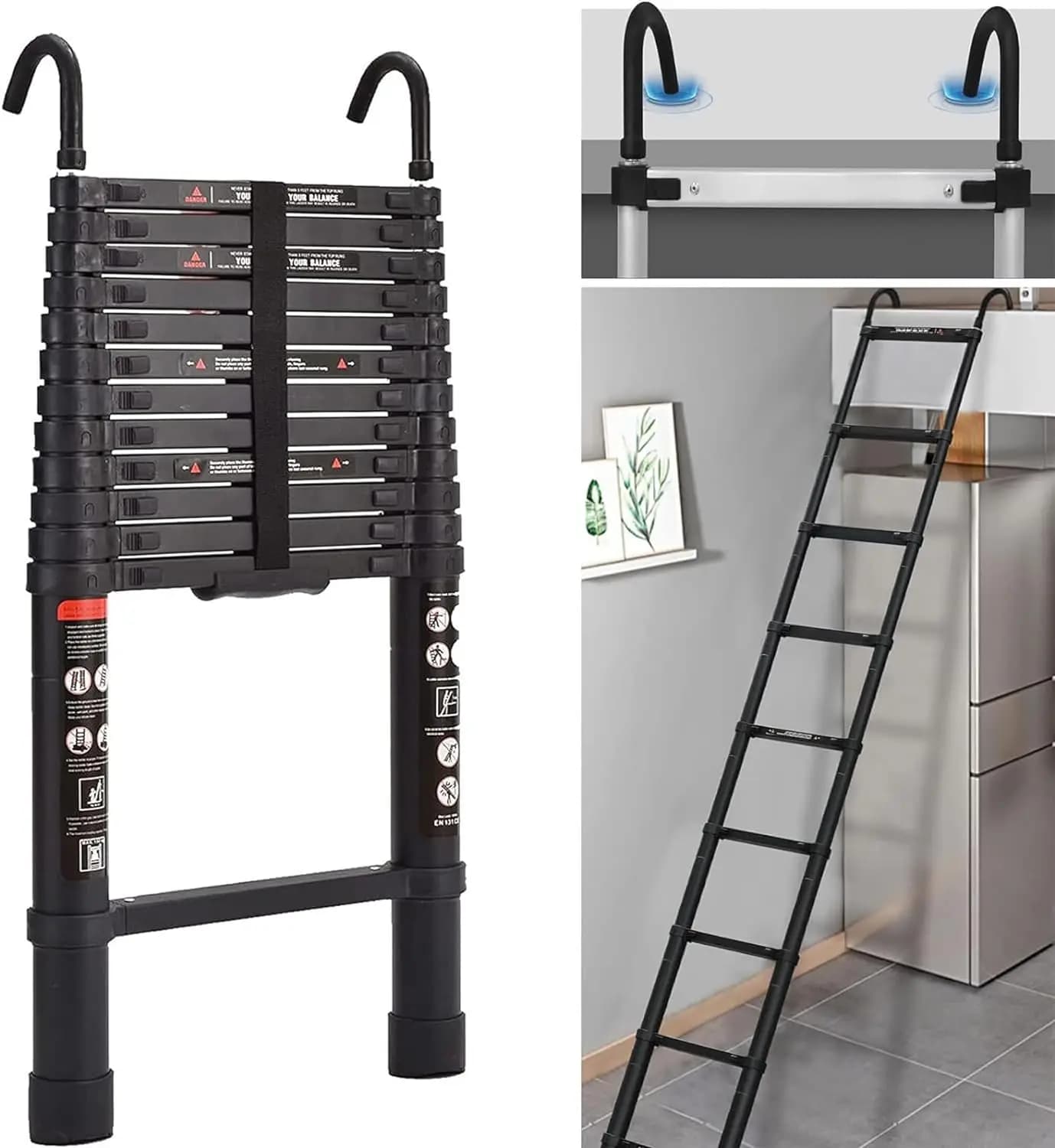 DayPlus Échelle télescopique Loft avec 2 crochets, échelle pliable d'extension en aluminium Échelle polyvalente Pieds antidérapants