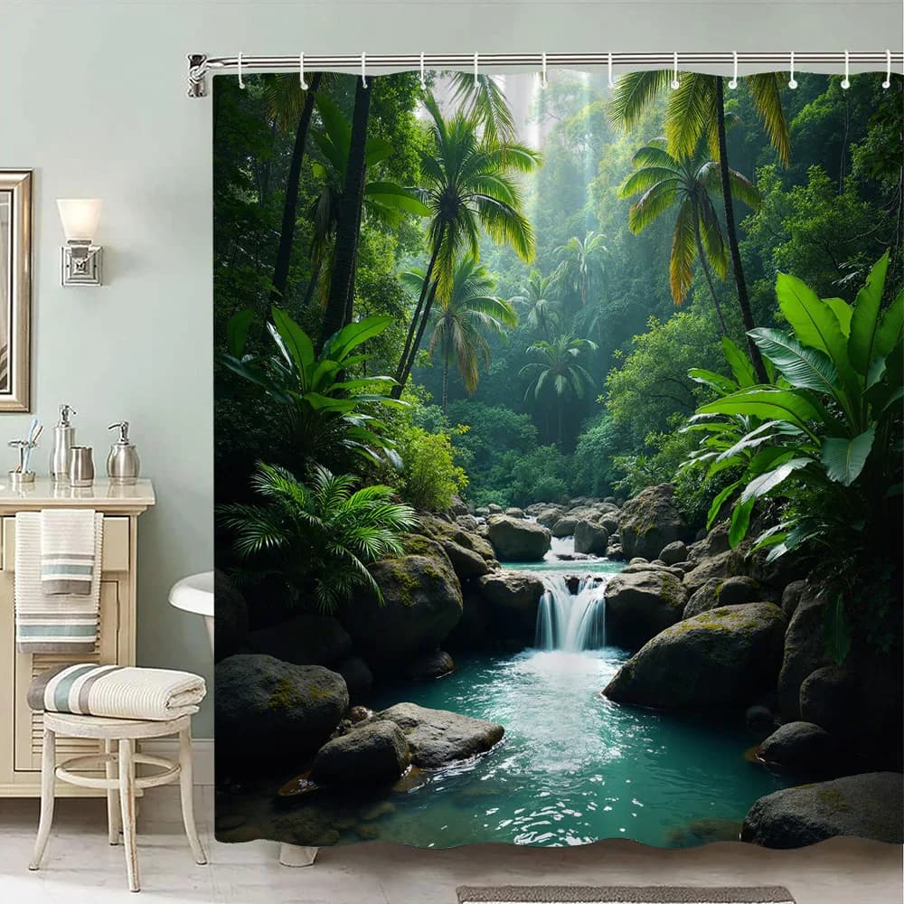 Rideau de douche aux forêt tropicale vibrante, 70x70 pouces, polyester durable, lavable en machine, 12 crochets, décor de bain rafraîchissant