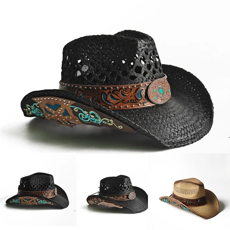 Chapeau de cowboy en paille brodé 2026 pour femmes et hommes – Chapeau de soleil western pour concerts country, rodeos et tenues de cowgirl