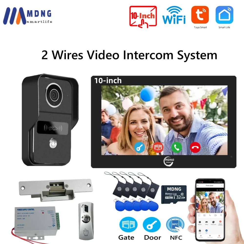 Sonnette d'interphone vidéo Wifi intelligente Tuya de 10 pouces, avec serrure à gâche électrique, système d'interphone vidéo à 2 fils 1080P,