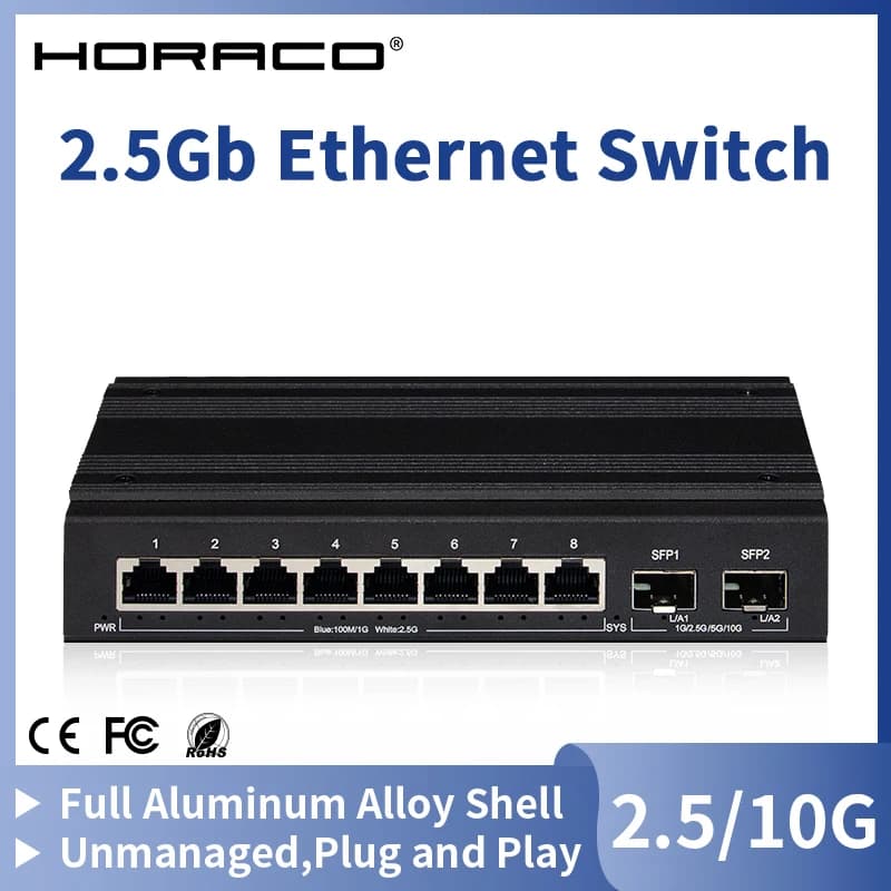 Commutateur réseau HORACO 2.5G commutateur Ethernet 8 ports avec commutateur Homelab sans ventilateur Plug and Play 2*10G SFP +