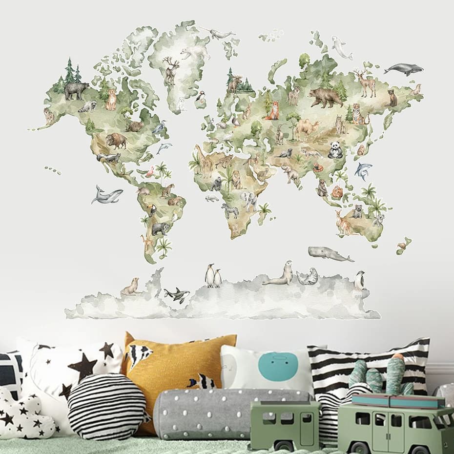 Autocollants muraux en vinyle amovibles avec carte du monde en aquarelle, animaux sauvages, décoration intérieure pour chambre d'enfant, salle de