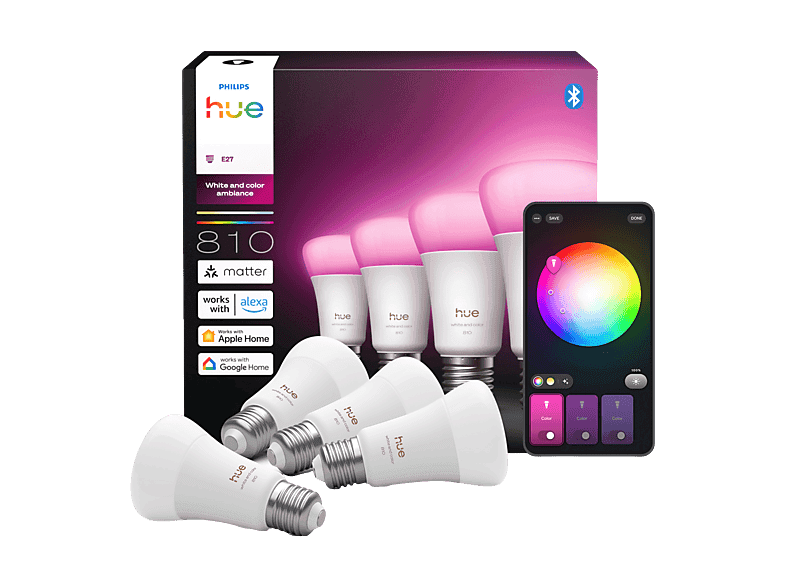 Philips Hue Slimme Led A60 Lamp Wit En Gekleurd Licht E27 Fitting 4-pack