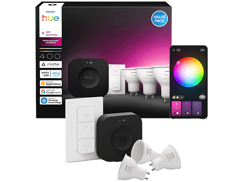 Philips Hue Kit De Démarrage - Lumière Blanche Et Colorée 1 Bridge Pro 3 Ampoules Gu10 400 Lumens Variateur