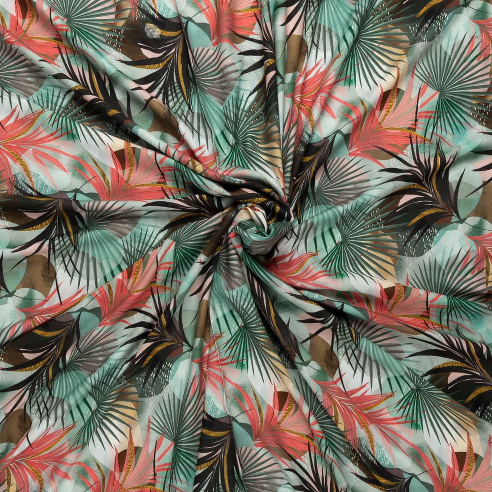Crepe viscose met zeegroen koraal zwart bladdessin italiaans import - viscose Stoffen - groen - 140 cm breed