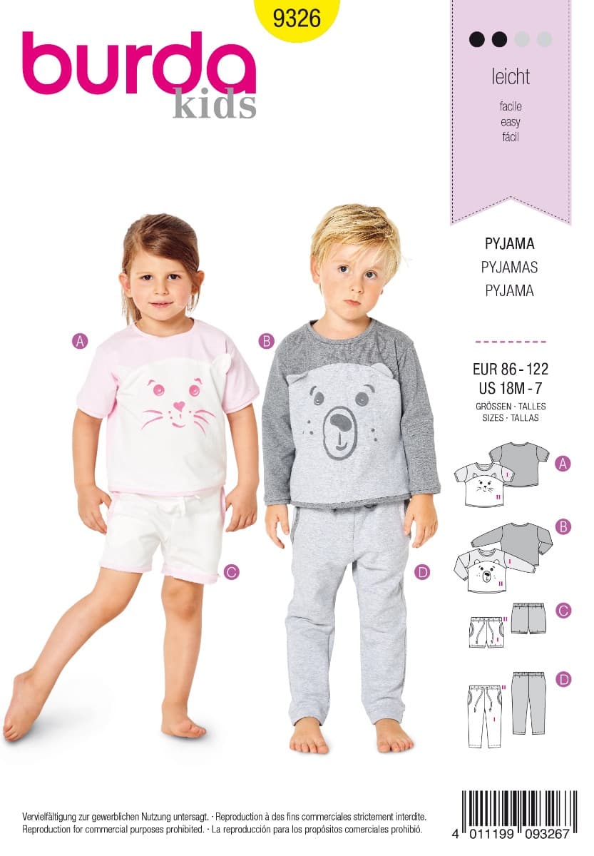 Pyjama (maat 98-122) Burda 9326 -  Patronen - multi