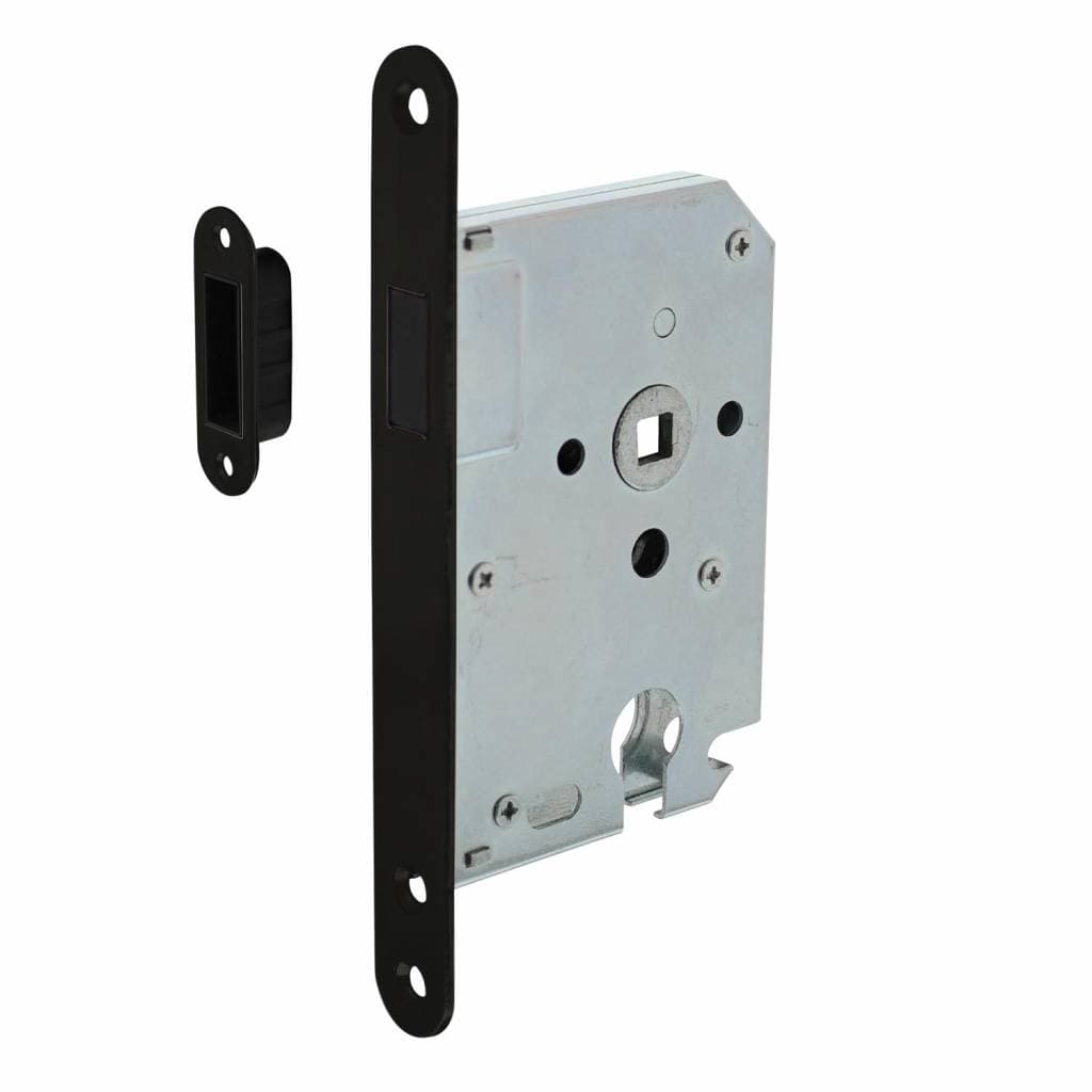 Zwart magneet cilinder dag- en nachtslot 55mm, voorplaat afgerond zwart, 20x175, doorn 50mm incl. sluitplaat/kom