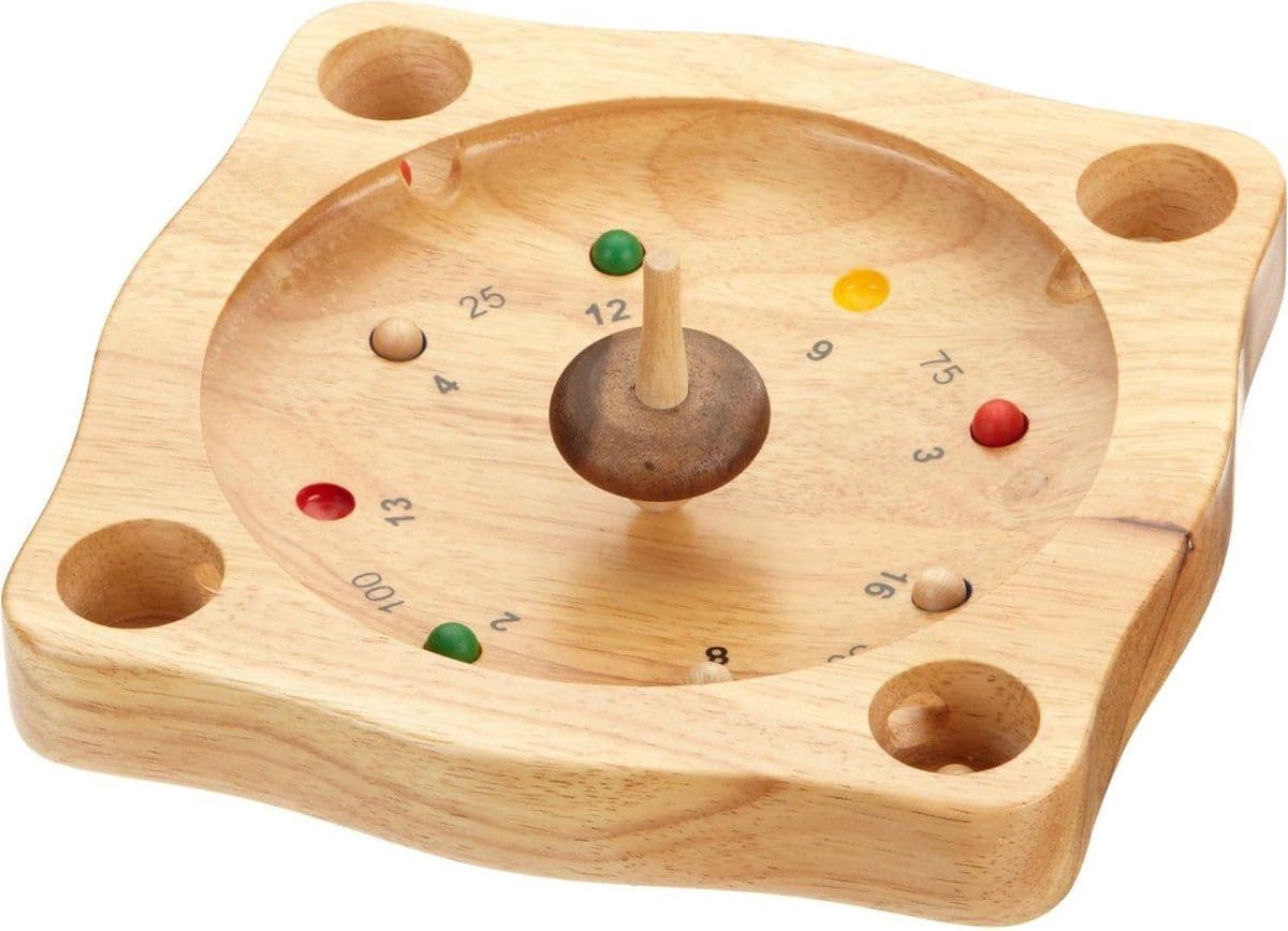Tiroler Roulette - Speelbak met spinner en kogeltjes - Hevea hout 215 x 215 x 30 mm