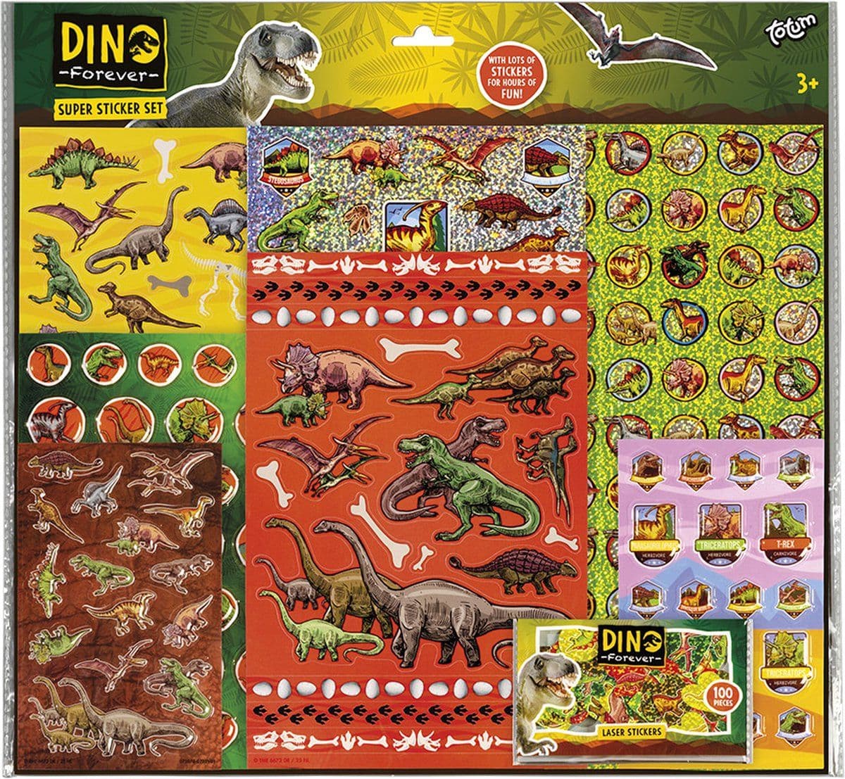Totum Dino stickers XL super sticker set dinosaurus thema 7 vellen incl. metallic en 3D puffy stickers - 38 x 36 cm