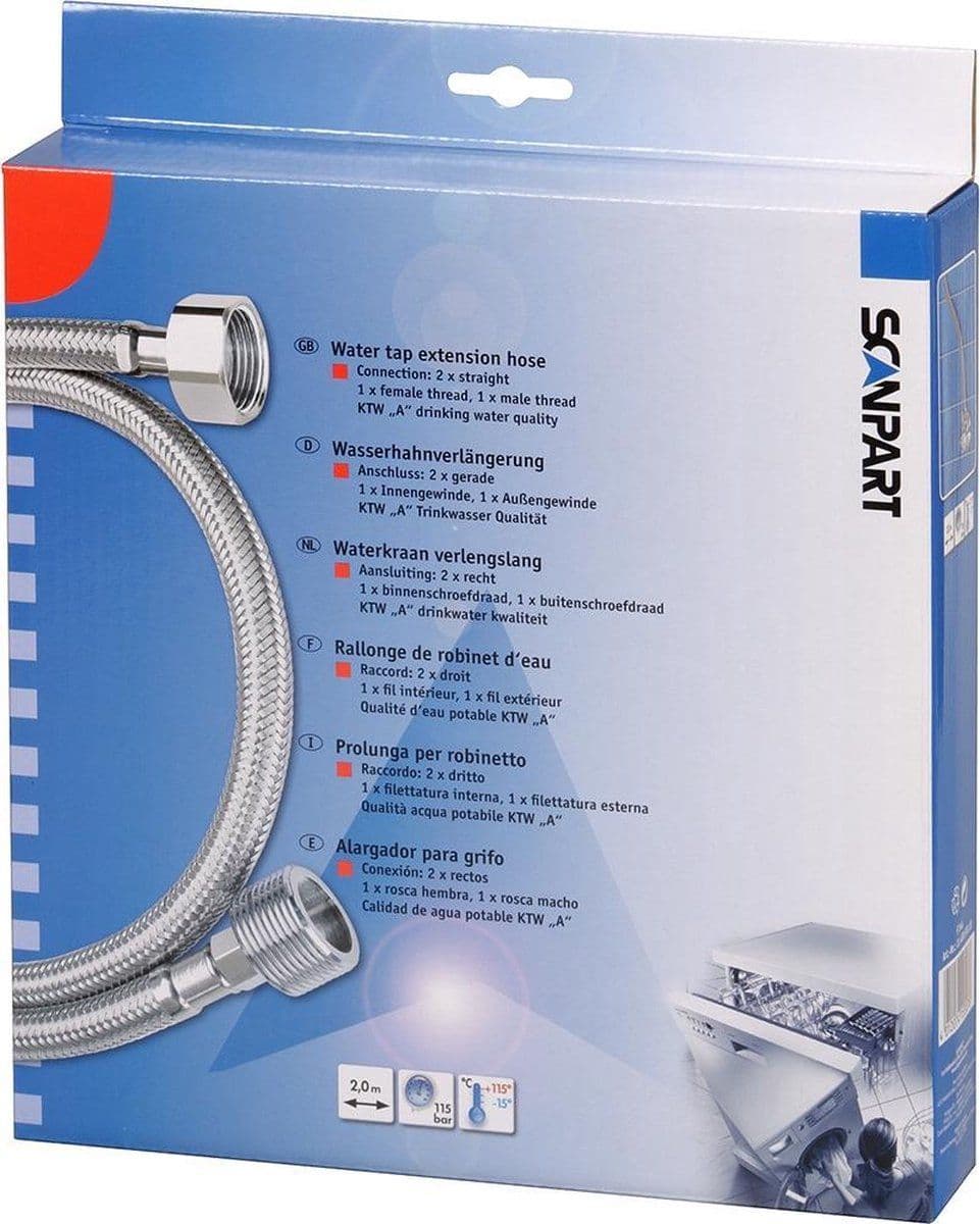 Scanpart F144 - Waterkraan Verlengslang 2M - 2 x recht - Buitenschroefdraad en binnenschroefdraad (1 stuk)