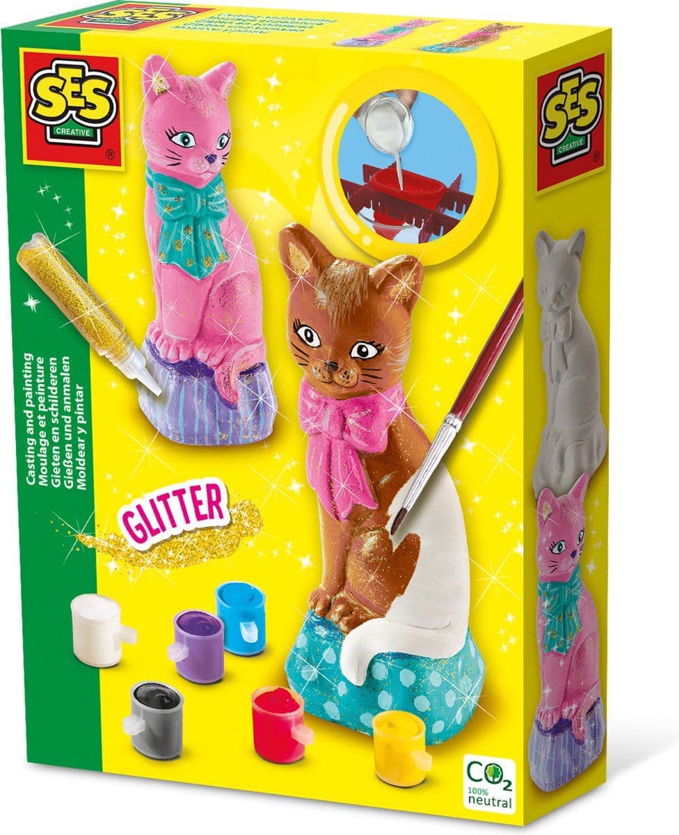 SES - Gieten en schilderen - Kat - met latex 3D gietmal - sneldrogend gips - met 6 kleuren verf en glitterlijm