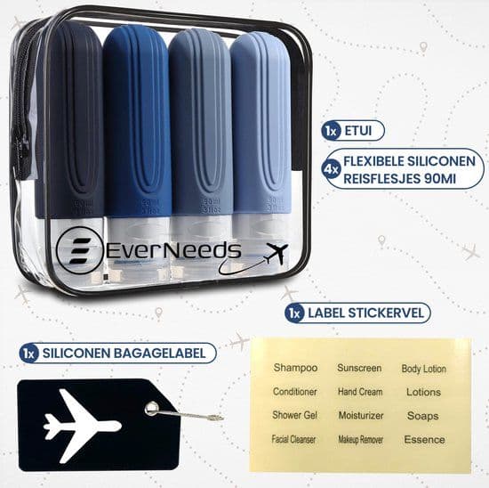 EverNeeds Reisflesjes - Siliconen - Navulbaar - Blauw (4 stuks)