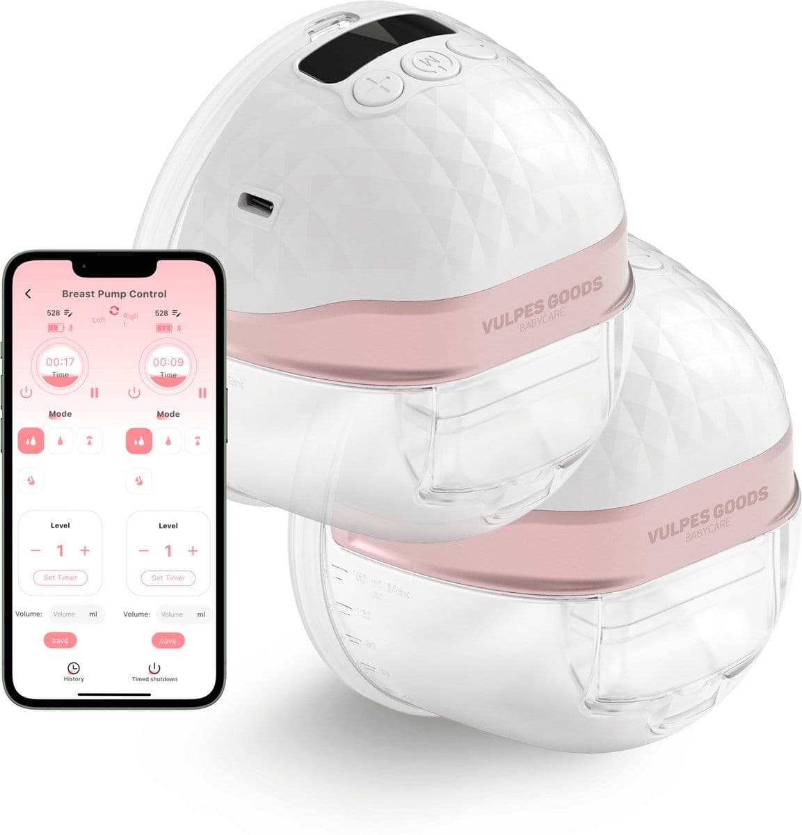 Vulpes Goods® BabyCare - Dubbele Elektrische Draadloze Borstkolf PRO V2 - Handsfree APP bediening BPA-vrij - Premium White & Rosé Gold
