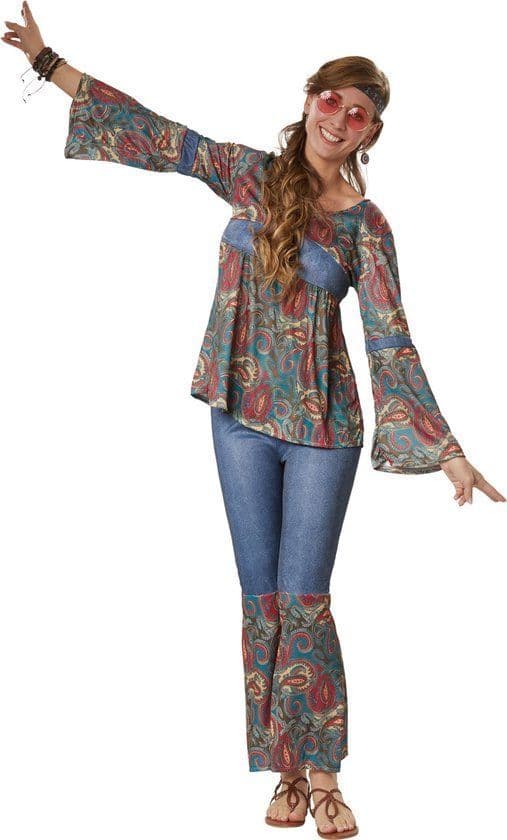 Dressforfun Hippie Girl Harmony - Verkleedkostuum - Lange broek met bloemenmotief en trompetmouwen - XXL