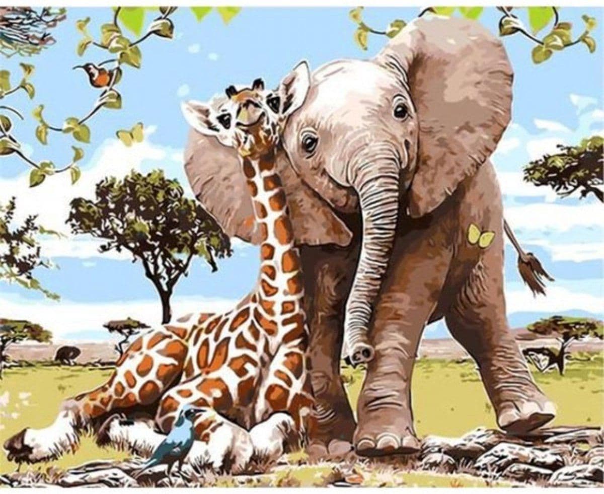 Schilderen op nummers - Olifant & Giraf - Canvasdoek 40x50cm