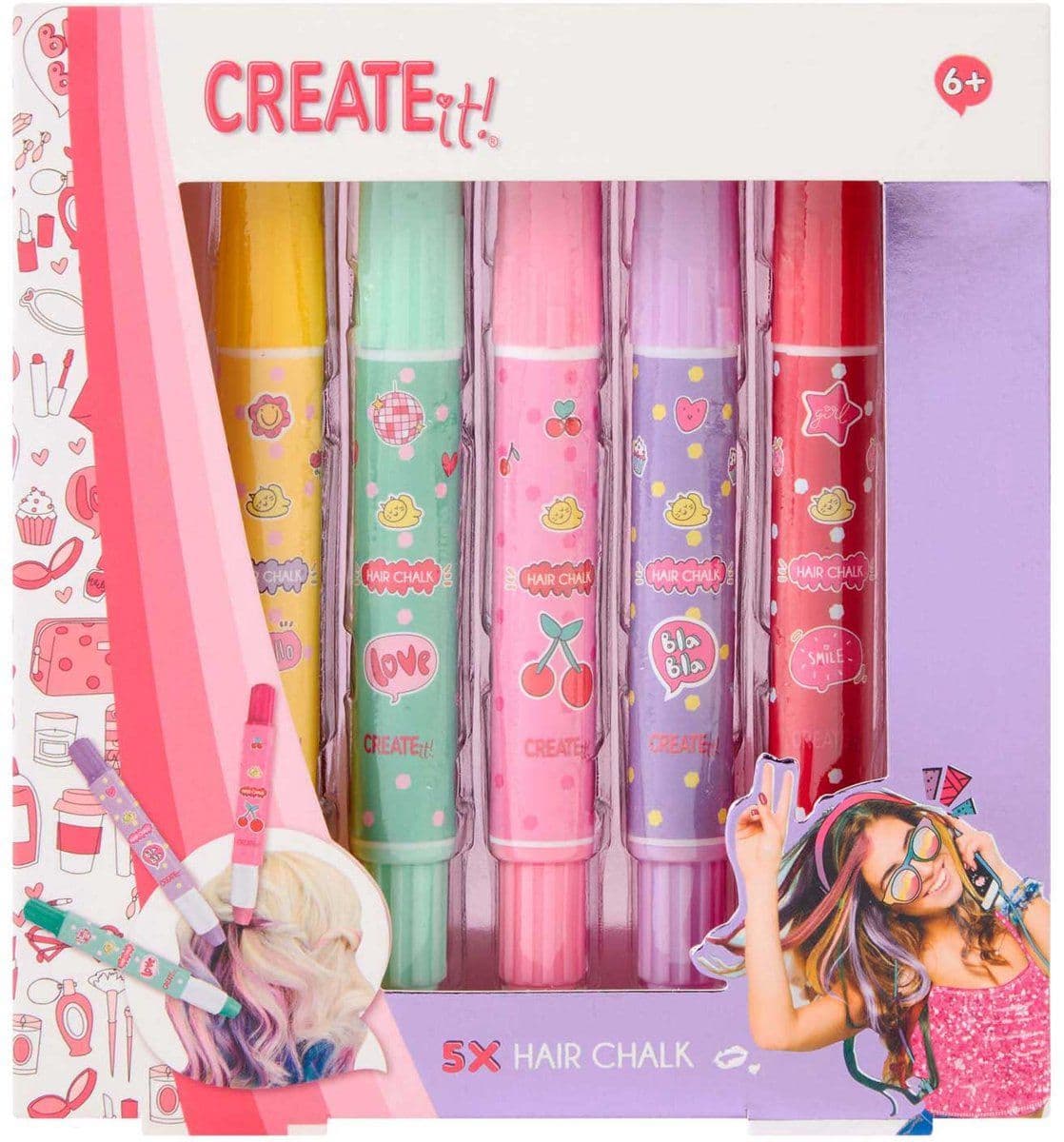 Create it! Haarkrijtpennen 5x - Wasbare haarkrijtstiften - Geel Roze Blauw Groen Paars