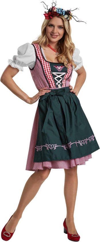 dressforfun Mini-Dirndl Berchtesgaden model 2 XL - verkleedkleding - vetersluiting met strass-steentjes - rood/wit