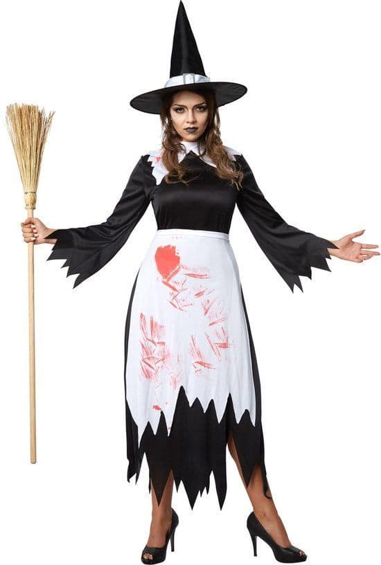 Dressforfun Griezelige Heks L - Verkleedkostuum met nepbloed - Zwarte jurk met hoed