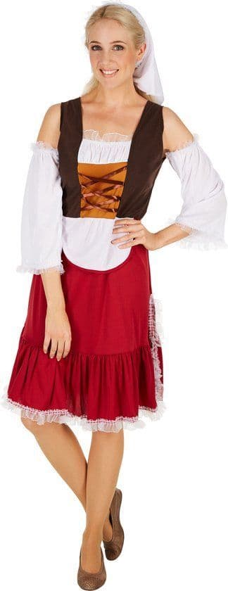 Dressforfun Vrouwenkostuum middeleeuwen maagd XXL - elegante jurk met schort en hoofddeksel - middeleeuwse stijl