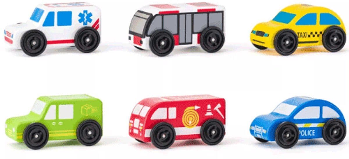 Woody - Dienstvoertuigen set - Houten auto's met kunststof wielen - Multi (5 stuks)