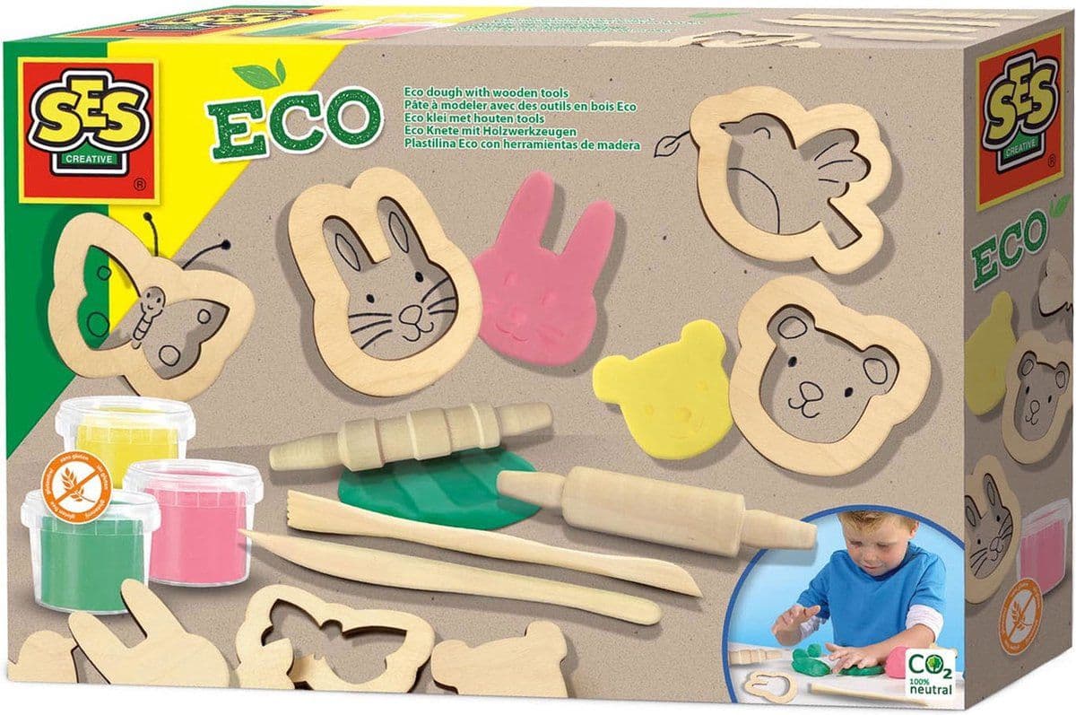 SES - Eco - klei set met houten tools - 3 kleuren klei met houten rollers, klei vormpjes en boetseermessen - makkelijk uitwasbaar
