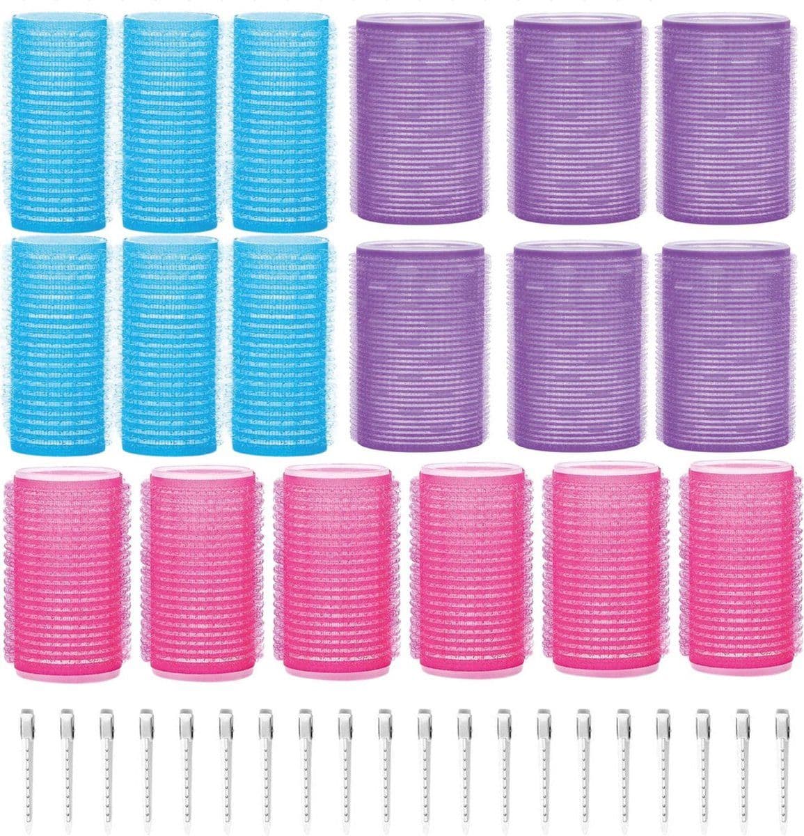 Krulspelden Set - Hittevrij Stylen - 18 Rollers 20 Klemmen 3 Maten - Blauw/Roze (set van 18)