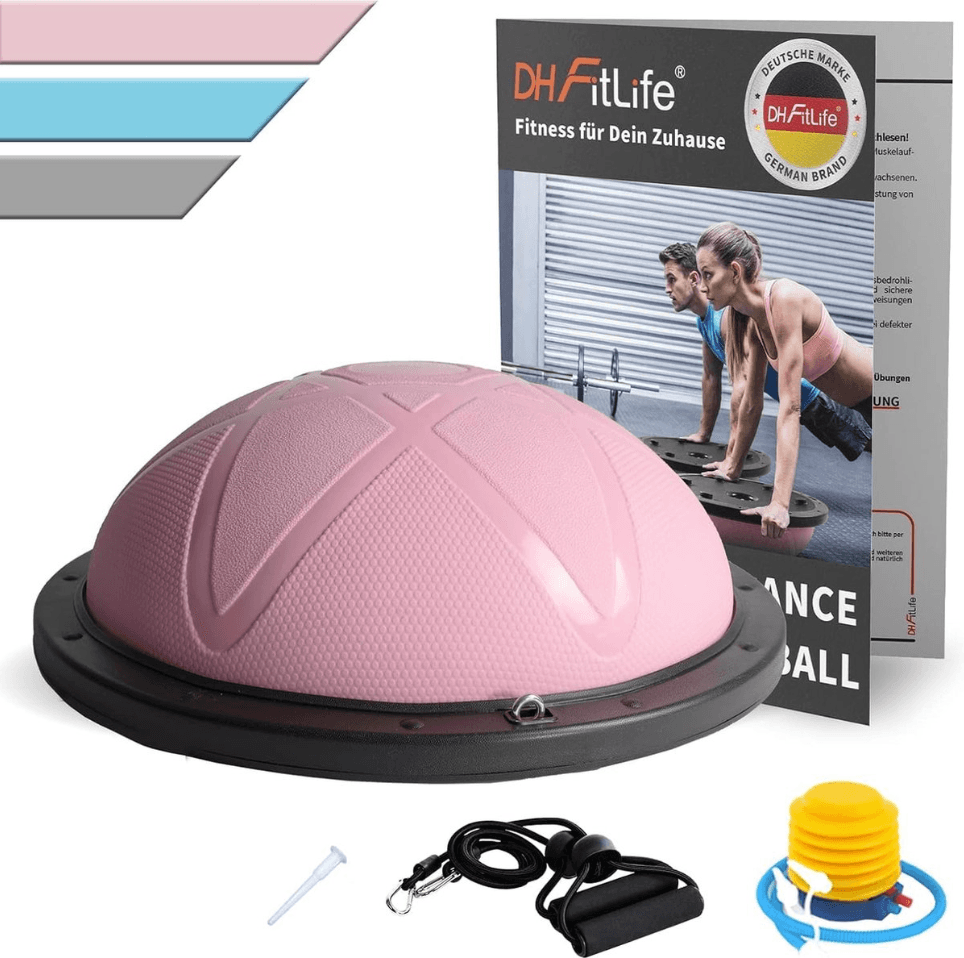 DH FitLife Balansbal - Yoga Balanstrainer Ø60 x 22 cm - Tot 200 kg Belastbaar - Halve Gymbal - Roze/Blauw/Grijs
