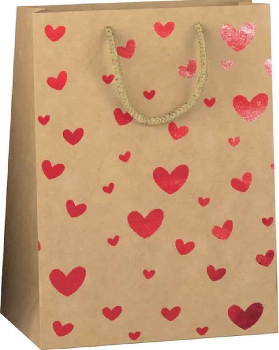 Papieren cadeautas M - hotstamp hartjes - rood