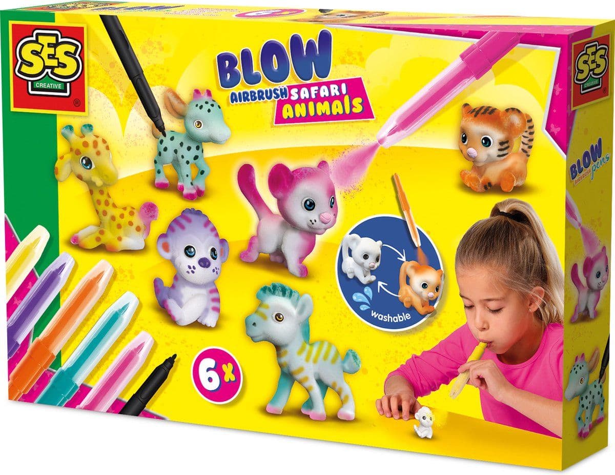 SES Creative 14335 Blaasstiften - Safari Dieren - Creatieve Knutselset voor Kinderen vanaf 5 Jaar - Versier dierenfiguren met blaasstiften - Wasbaar