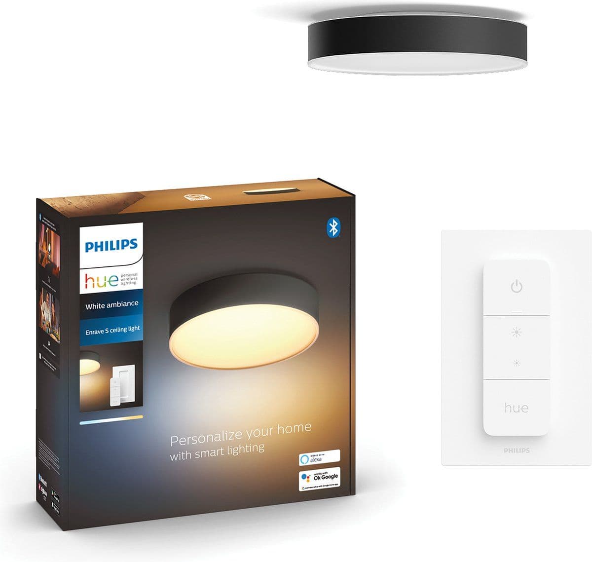 Philips Hue Enrave - Plafondlamp - Warm tot koelwit licht - Zwart - 26cm - 1 dimmer switch