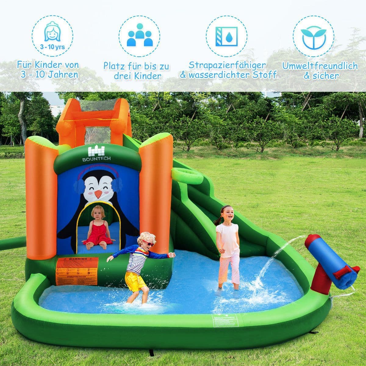 Coast Bouncy Castle - Opblaasbaar springkasteel met glijbaan en waterkanon - 370 x 300 x 190 cm groen