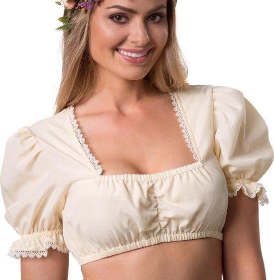 Dressforfun Dirndlblouse Anni XL - Dirndlblouse - Trapeziumvormige halslijn met kant - Korte mouwen met franjes