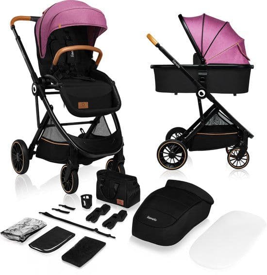 Lionelo Riya - Kinderwagen 2 in 1 - Wieg + Wandelwagen - XXL Zonnekap - Verstelbare Rugleuning - Roze Violet