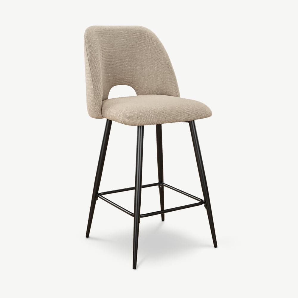 -€70 Caio Barkruk beige stof, 68 cm zithoogte, counterkruk met zwart metalen onderstel incl. rugleuning & voetensteun, voor thuis & horeca