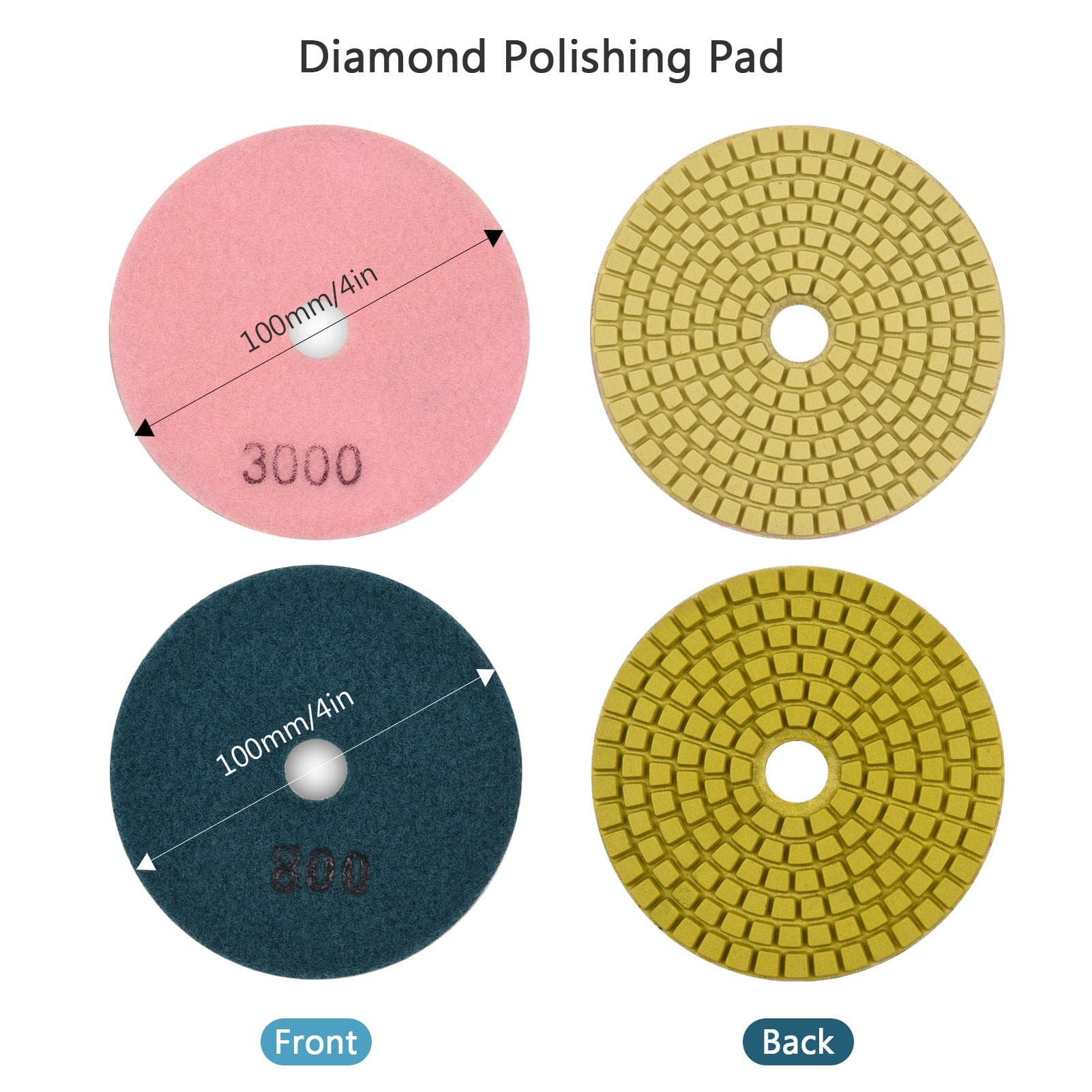 10 pièces Tampons de Polissage Diamant 4 Pouces + 2 pièces Plateaux de Support + 2 pièces Adaptateurs de Perceuse pour Granit multicolore