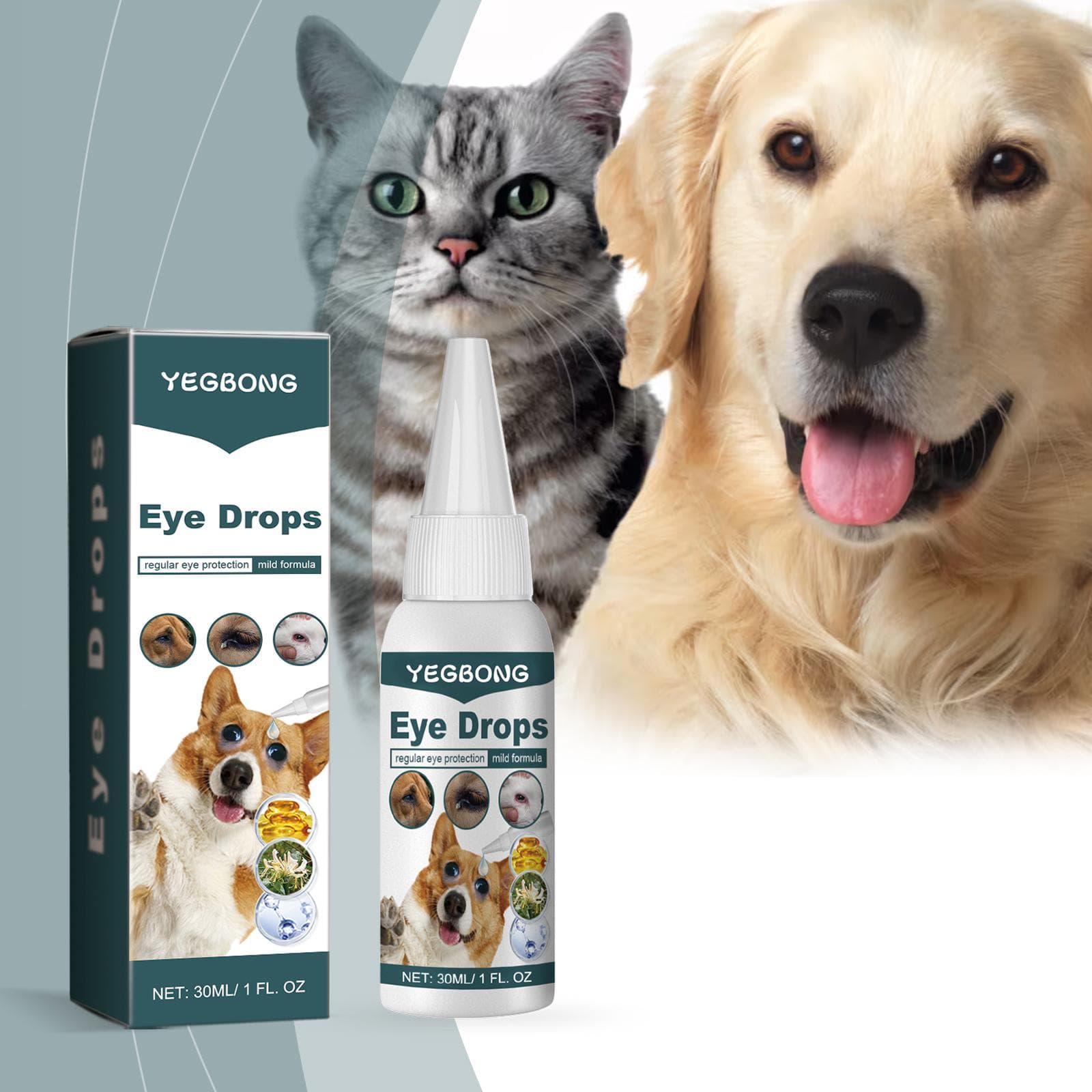 Collyre Yegbong pour animaux de compagnie, convient aux chats et aux chiens, élimine les taches de larmes, nettoie les écoulements oculaires et les