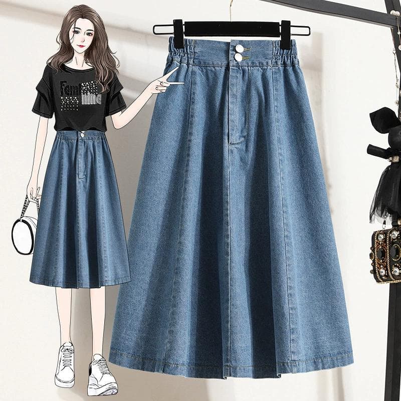 Jupe en jean mi-longue à taille élastique pour femme, printemps et été, jupe longue plissée à taille haute et fine cm bleu