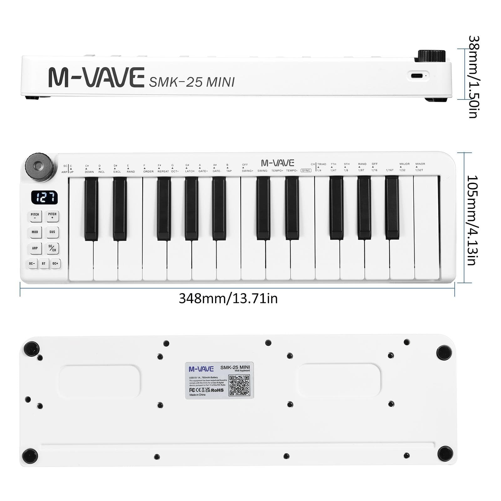 M-VAVE SMK-25mini MIDI-toetsenbord Oplaadbaar 25-toetsen MIDI-controletoetsenbord Mini draagbare USB wit