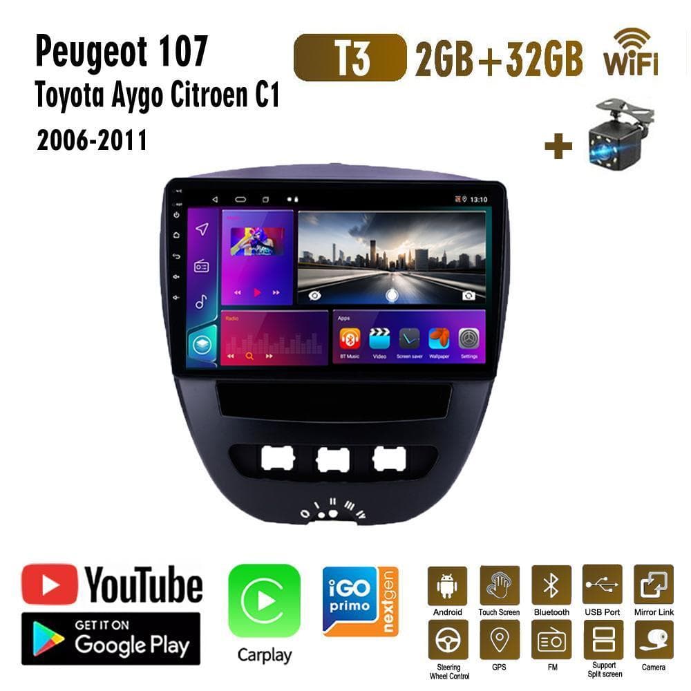 Lecteur multimédia de voiture Android 2 Din pour Peugeot 107 Toyota Aygo Citroen C1 2005-2014 unité principale stéréo Carplay GPS Navigation BT