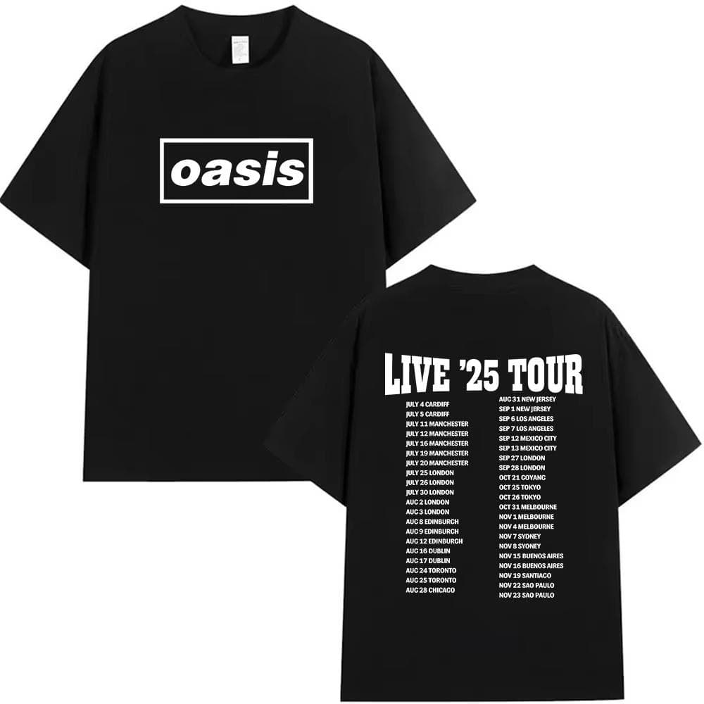 O-Oasis Live 25 Tour T-shirts Heren Dames Casual Hoge Kwaliteit Katoenen T-shirts Brits Fans Cadeau Korte Mouw T-shirt Streetwear cm