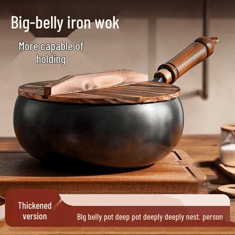 ZISIZ Wok antiadhésif en fer forgé 24 cm avec couvercle en cèdre