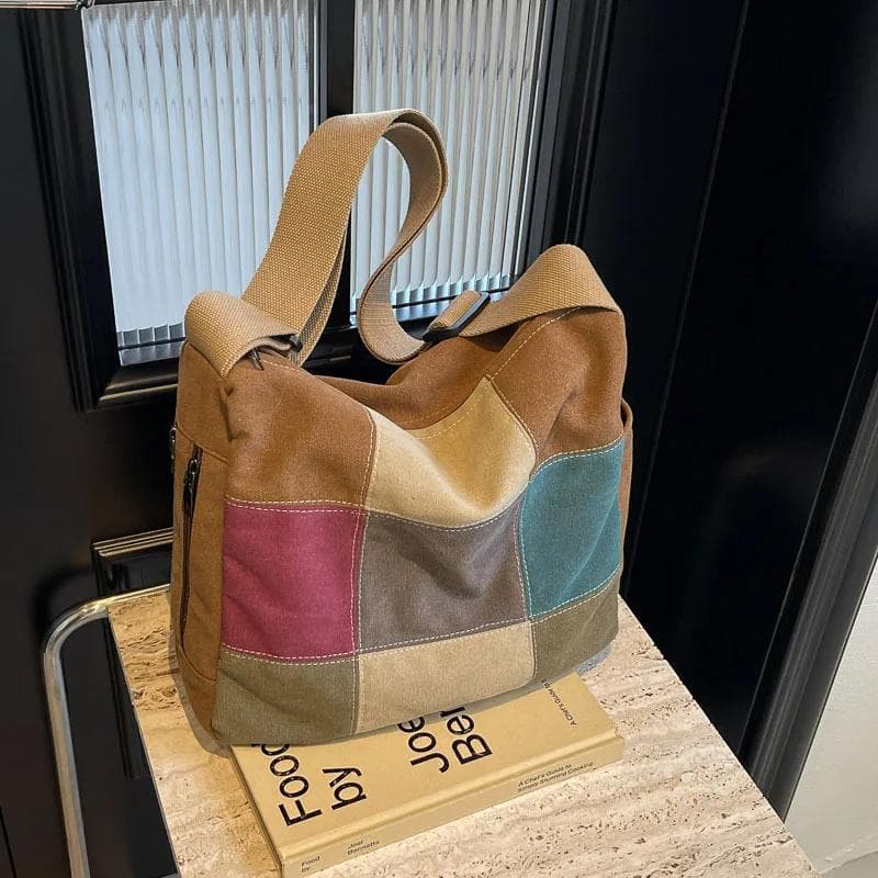 Sac à bandoulière large en toile à coutures contrastées de grande capacité pour femmes, sac de voyage pour étudiantes, nouvelle mode