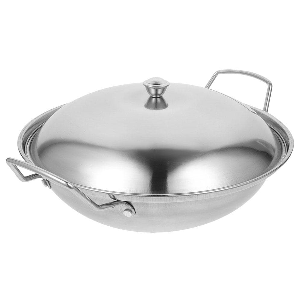 Wok en Acier Inoxydable avec Couvercle Double Poignée Marmite Panier de Cuisson Cuisine Accessoire de Cuisine Réutilisable Casseroles Ustensiles de