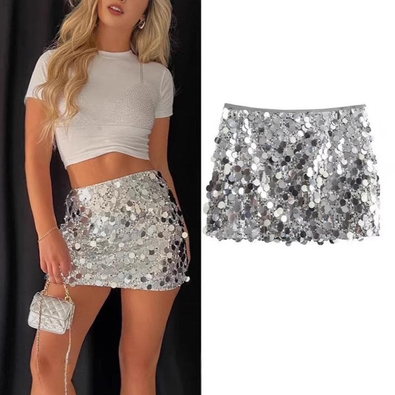 Mini-jupe à paillettes argentées taille haute pour femme Jupe courte scintillante pour fête Clubwear cm noir