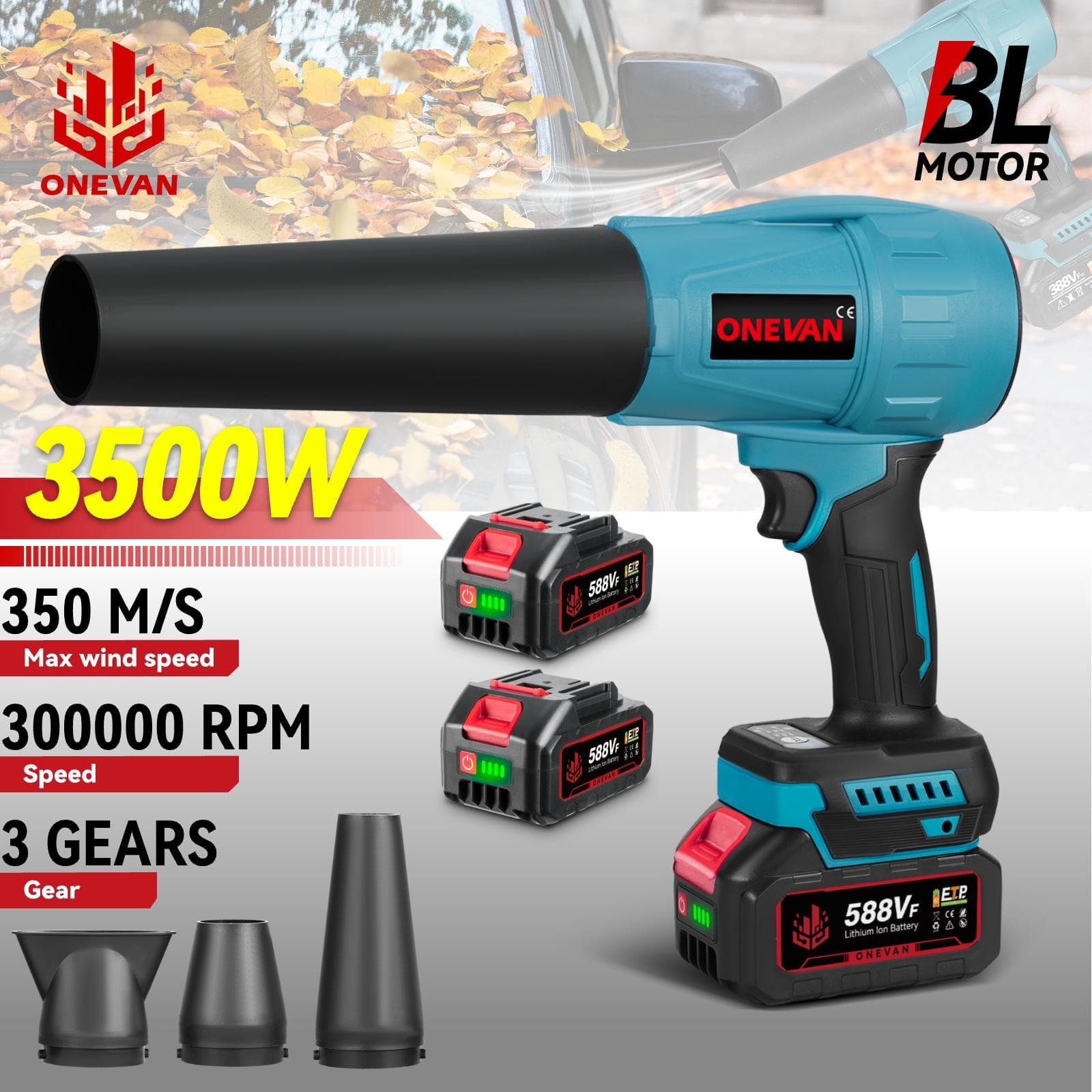 ONEVAN Borstelloze 3 Versnellingen Elektrische Luchtblazers Turbo 300000RPM Jet Fan Handheld Bladblazer Stofblaasgereedschap voor 21V Batterij