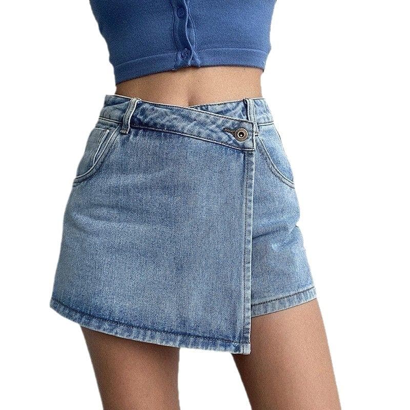 Grande taille S-5XL Jupe Courte Jean Short Taille Haute Femme Grande Taille Couleur Claire Faux Design Deux Pièces Jupe en Jean Coupe Ajustée cm