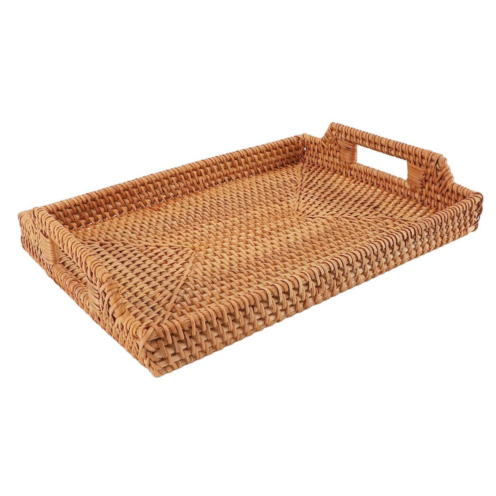 Wicker Serveerblad Handgeweven Rotan Rechthoekig Serveerblad met Handgrepen voor Ontbijtdrankjes