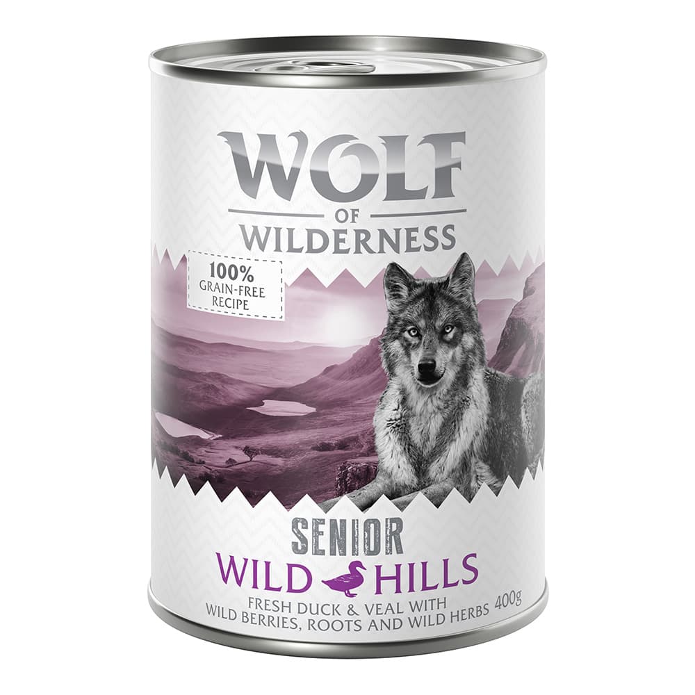 6x400g Senior Wild Hills canard, veau Wolf of Wilderness - Pâtée pour chien
