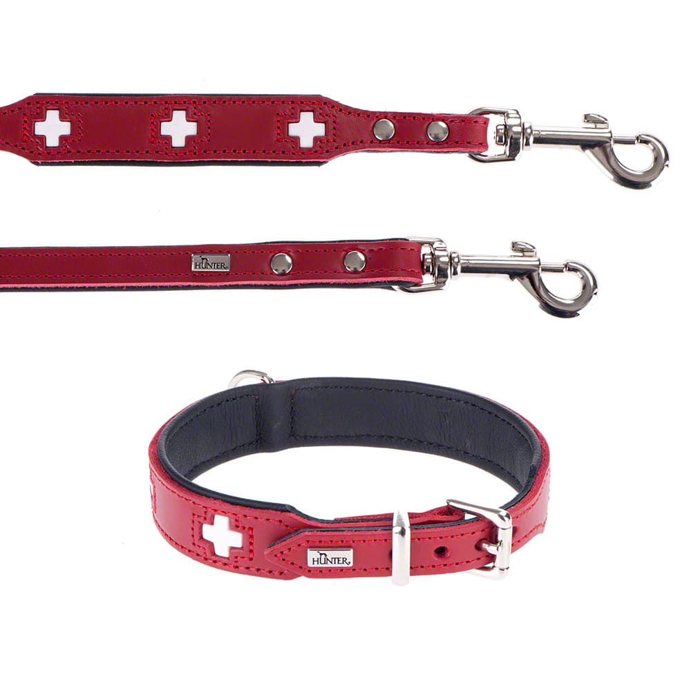 Lot Hunter Swiss : collier + laisse en cuir pour chien - lot collier taille 55 + laisse L 200 cm