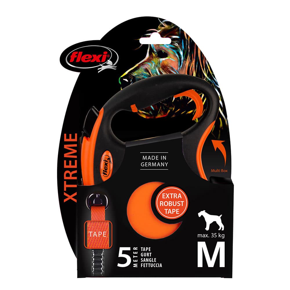 Laisse-sangle flexi Xtreme orange, 5 m pour chien - taille M : jusqu'à 35 kg